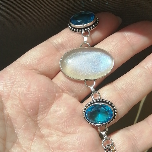 Created Rainbow quartz and Created blue Topazes crystals adjustable bracelet - Picture 3 of 5